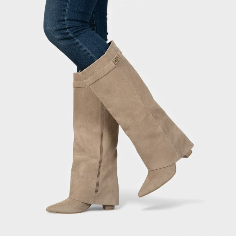 Women’s Knee High Boots With Wide Flare Top and Low Block Heel