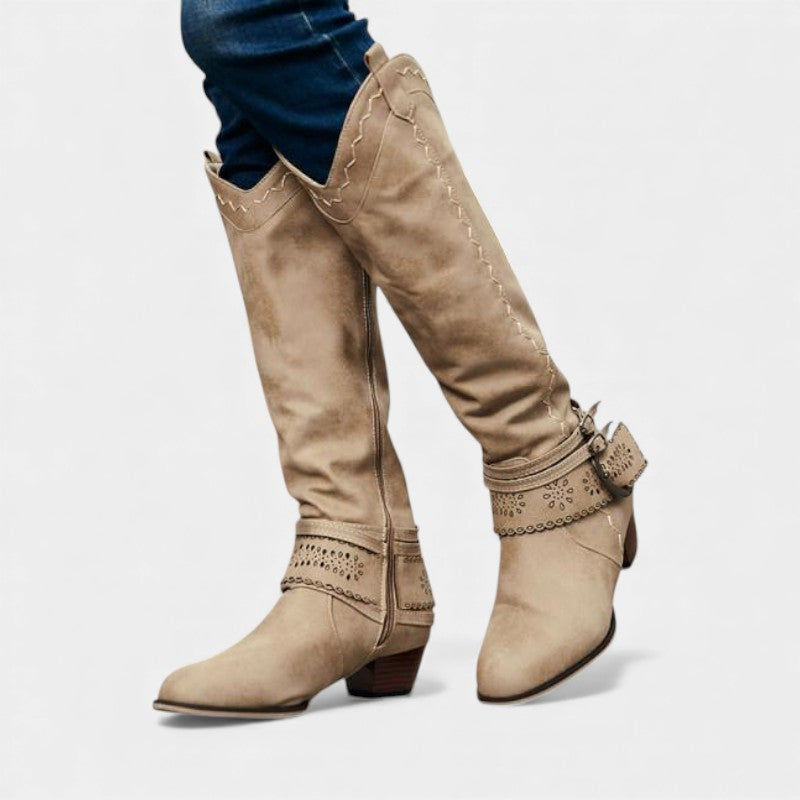 Women’s Tall Boots With Embroidered Shaft and Buckle Strap