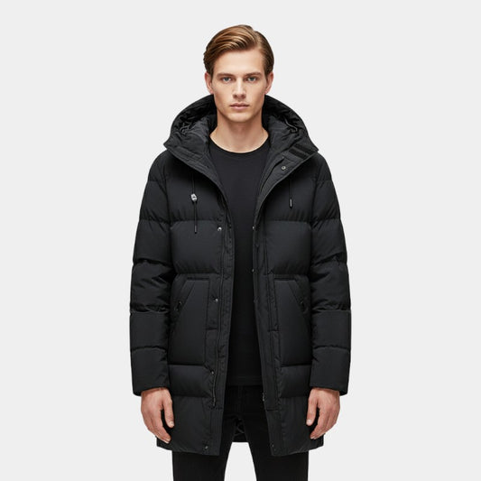 Elvean | Men’s Padded Longline Jacket With Hood and Zip Front