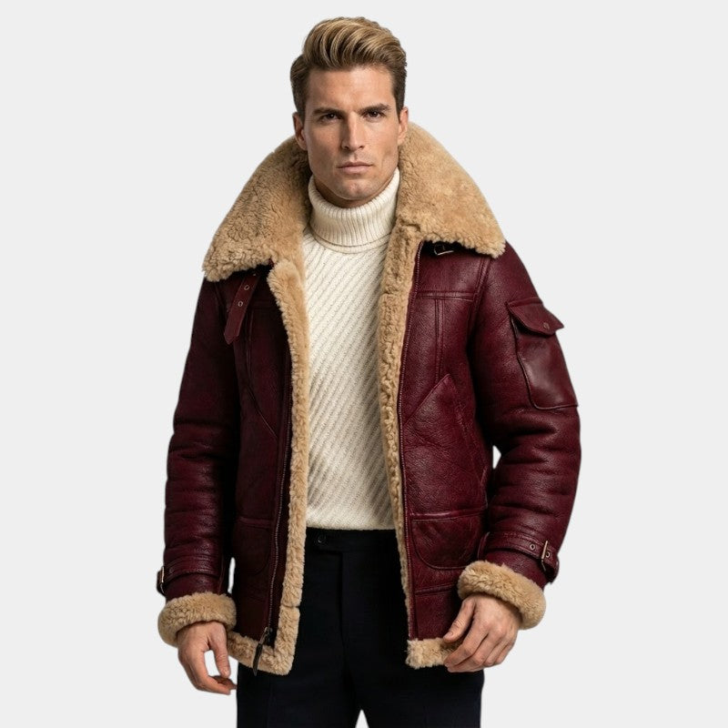Elvean | Men’s Shearling Aviator Jacket With Wide Collar