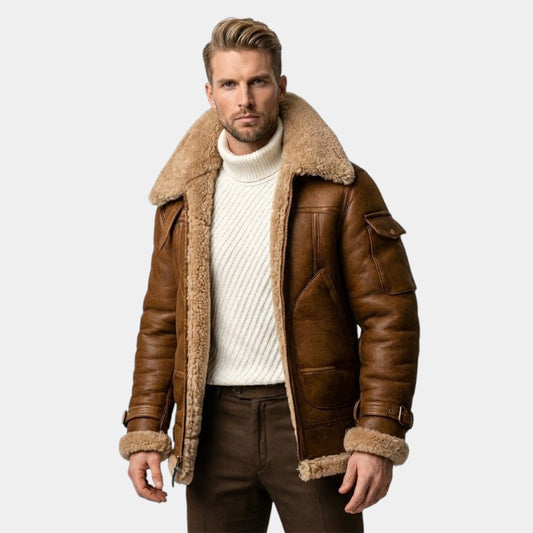 Elvean | Men’s Shearling Aviator Jacket With Wide Collar