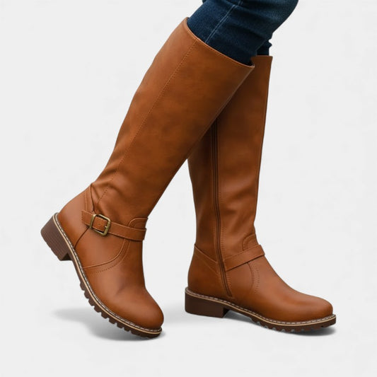 Elvean | Women’s Knee High Boots With Buckle Strap and Low Block Heel