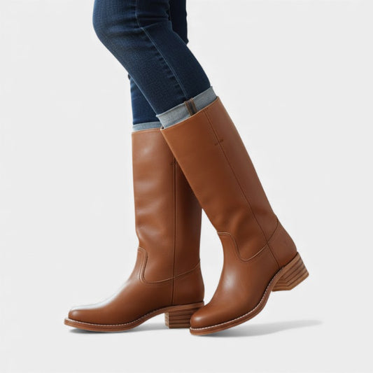 Elvean | Women’s Knee High Boots With Stacked Heel and Round Toe