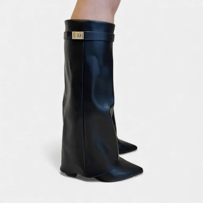 Elvean | Women’s Knee High Boots With Wide Flare Top and Pointed Toe