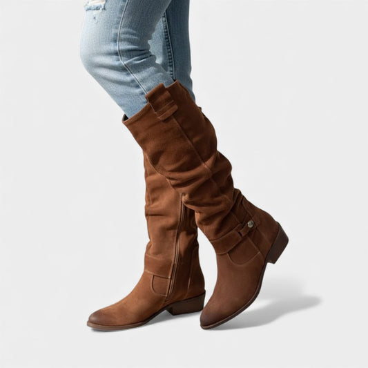 Elvean | Women’s Suede Knee High Boots With Side Zip and Strap Detail