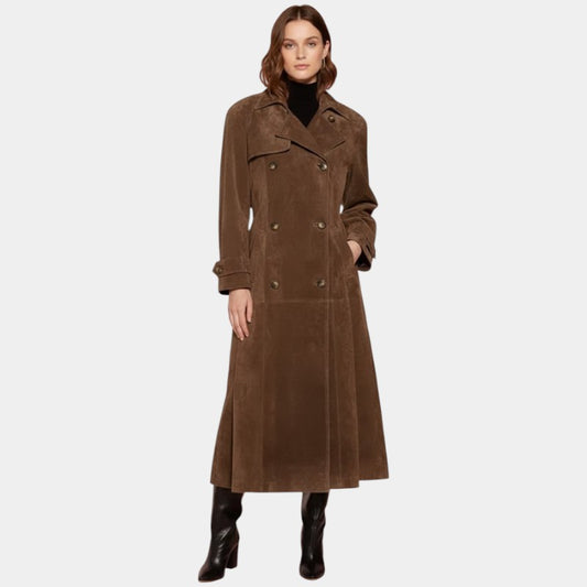 Elvean | Women’s Suede Trench Coat With Belt and Button Front