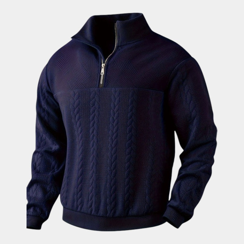 Men’s Cable Knit Sweater With Stand Collar and Quarter Zip