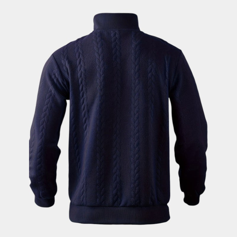 Men’s Cable Knit Sweater With Stand Collar and Quarter Zip