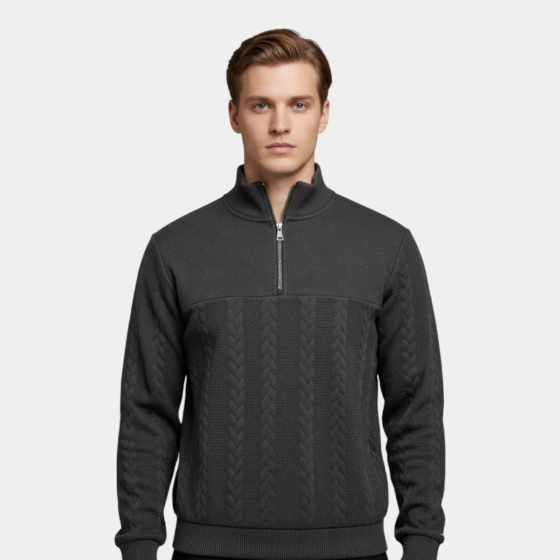 Men’s Cable Knit Sweater With Stand Collar and Quarter Zip