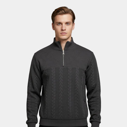 Men’s Cable Knit Sweater With Stand Collar and Quarter Zip