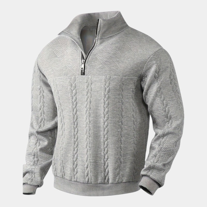 Men’s Cable Knit Sweater With Stand Collar and Quarter Zip