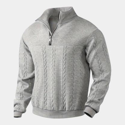 Men’s Cable Knit Sweater With Stand Collar and Quarter Zip