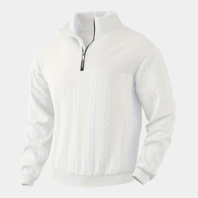 Men’s Cable Knit Sweater With Stand Collar and Quarter Zip