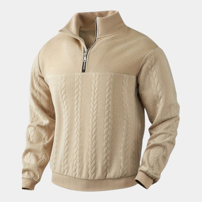 Men’s Cable Knit Sweater With Stand Collar and Quarter Zip