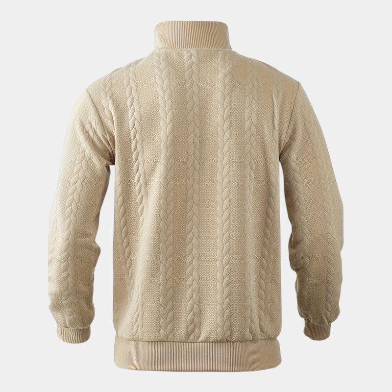 Men’s Cable Knit Sweater With Stand Collar and Quarter Zip