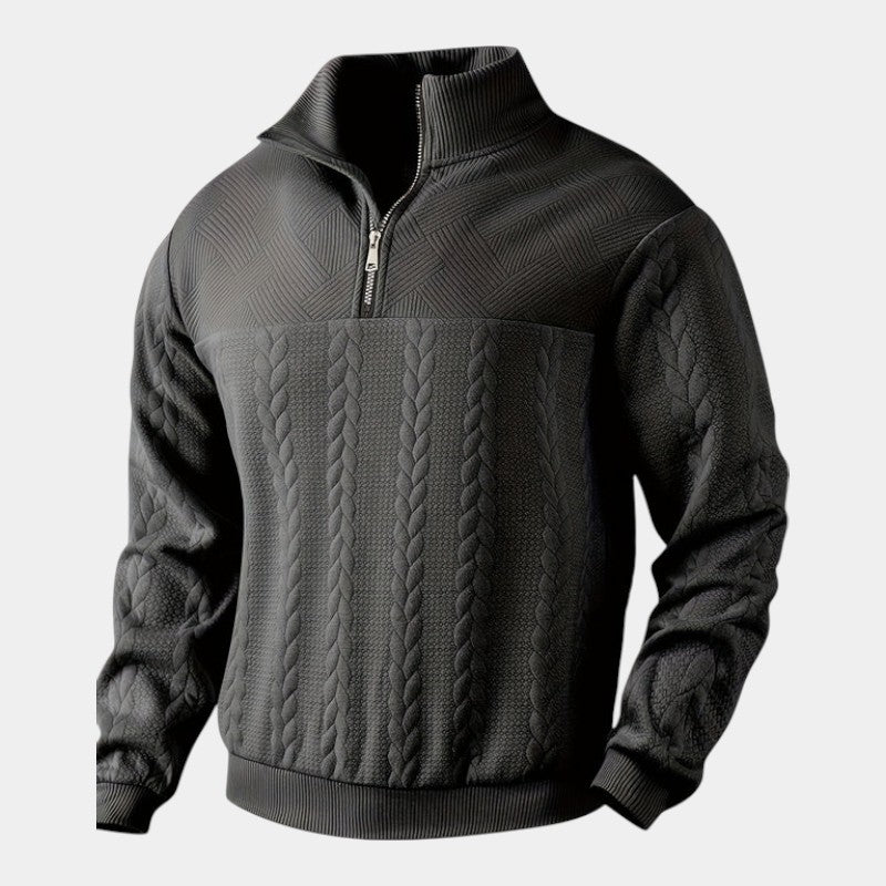 Men’s Cable Knit Sweater With Stand Collar and Quarter Zip