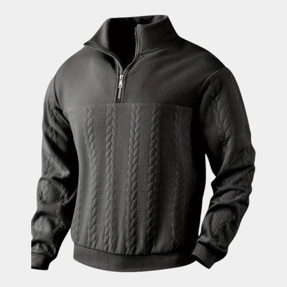 Men’s Cable Knit Sweater With Stand Collar and Quarter Zip