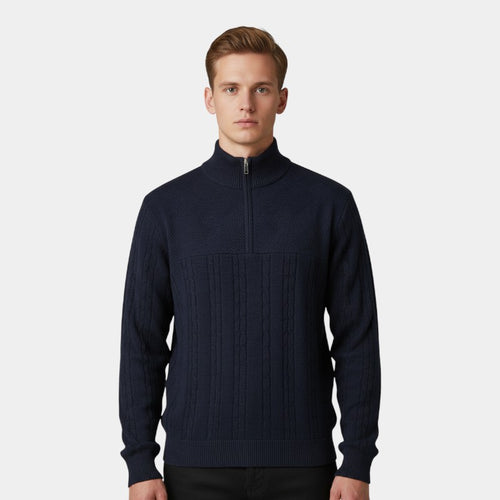 Men’s Cable Knit Sweater With Stand Collar and Quarter Zip