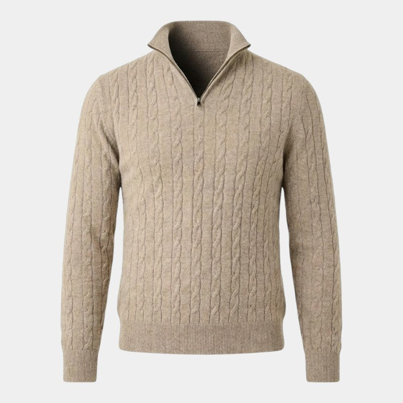 Men’s Cable Knit Zipper Sweater With Stand Collar
