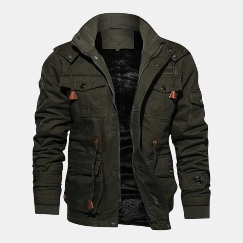 Men’s Canvas Bomber Jacket With Stand Collar and Lined Interior