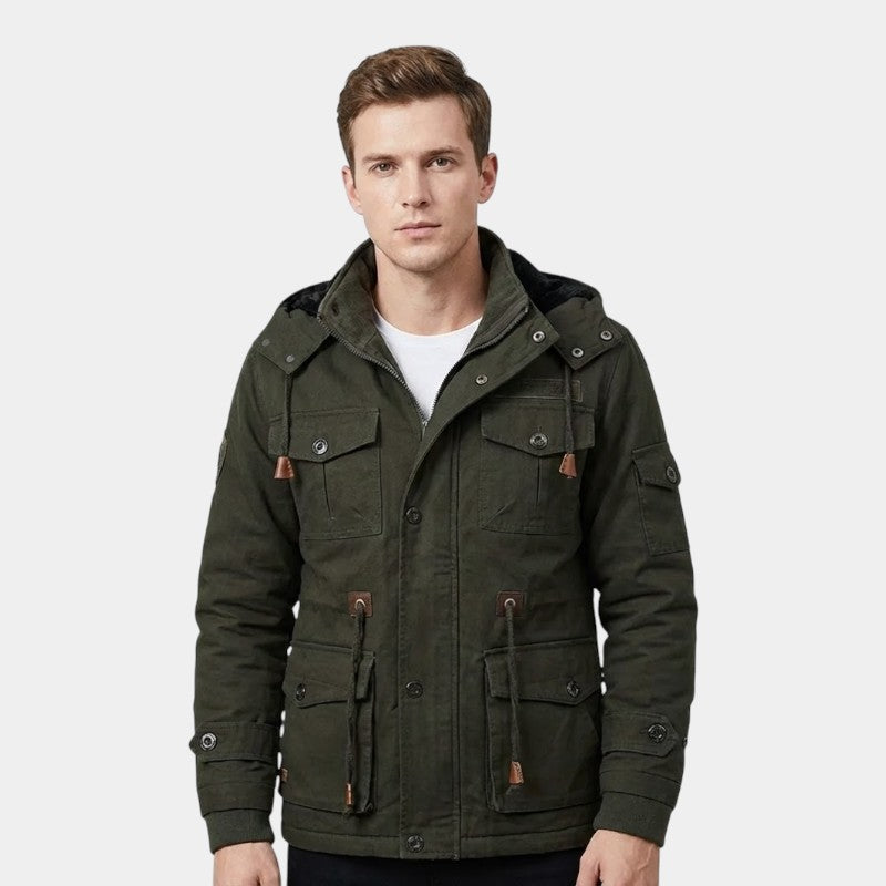 Men’s Canvas Bomber Jacket With Stand Collar and Lined Interior