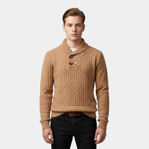 Men’s Knit Sweater With Lapel Collar and Button Detail