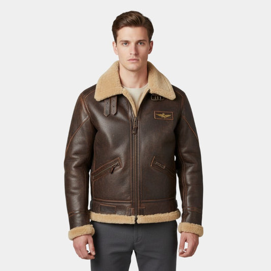 Men’s Lined Aviator Jacket With Fur Collar and Zip Front