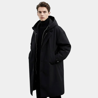 Men’s Long Trench Coat With Hood and Button Fastening
