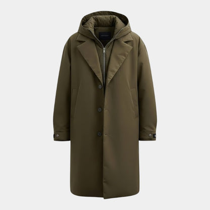 Men’s Long Trench Coat With Hood and Button Fastening