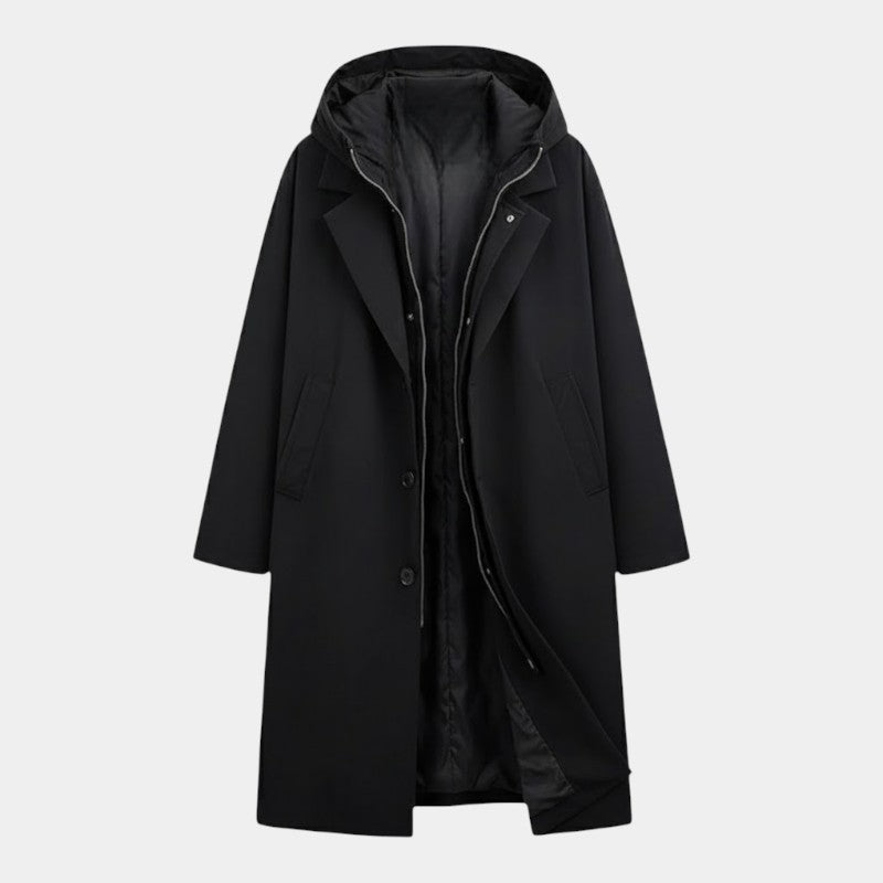 Men’s Long Trench Coat With Hood and Button Fastening