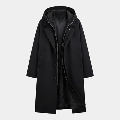Men’s Long Trench Coat With Hood and Button Fastening