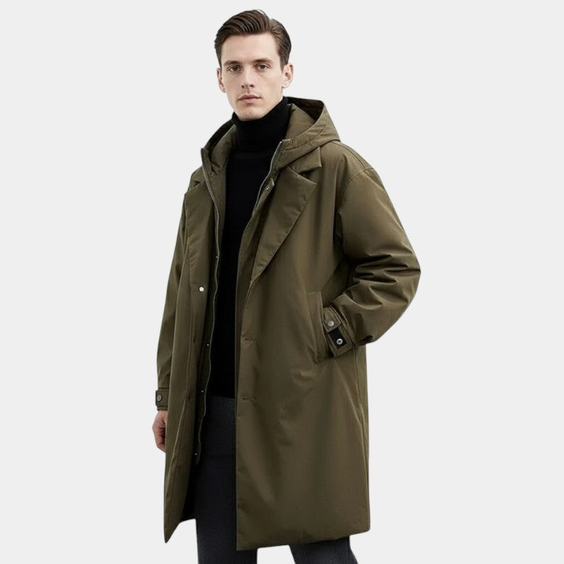 Men’s Long Trench Coat With Hood and Button Fastening