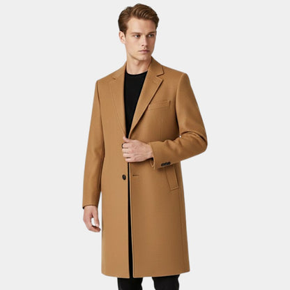 Men’s Mid-Length Coat With Button Fastening and Notched Collar