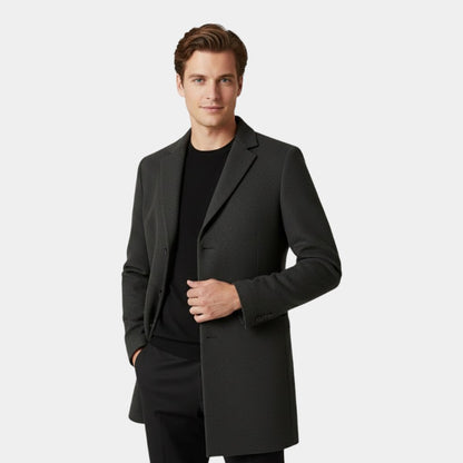 Men’s Mid-Length Coat With Button Fastening and Notched Collar
