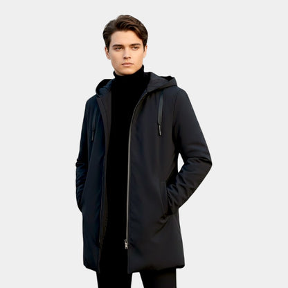 Men’s Mid-Length Quilted Coat With Hood and Zip Fastening