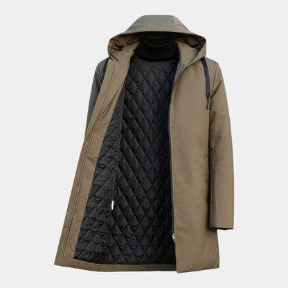 Men’s Mid-Length Quilted Coat With Hood and Zip Fastening