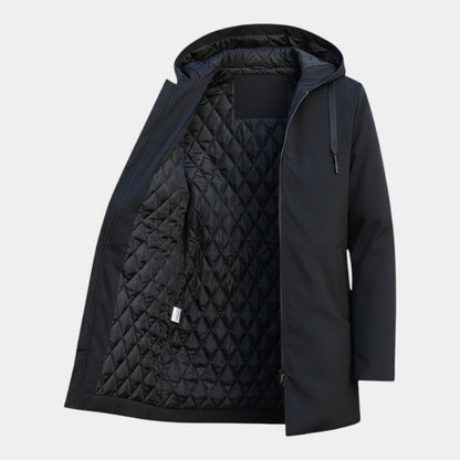 Men’s Mid-Length Quilted Coat With Hood and Zip Fastening