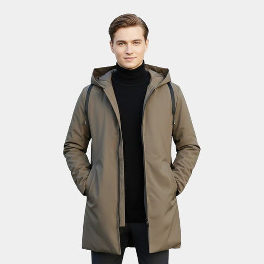 Men’s Mid-Length Quilted Coat With Hood and Zip Fastening
