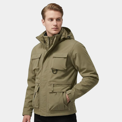 Men’s Military Style Coat With Multiple Pockets and Hood