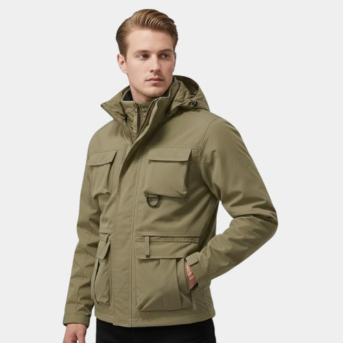 Men’s Military Style Coat With Multiple Pockets and Hood