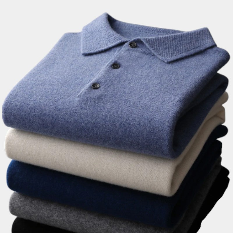 Men’s Polo Sweater With Natural-Fiber Blend Collar and Button Fastening
