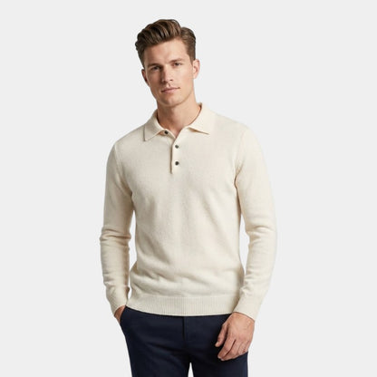 Men’s Polo Sweater With Natural-Fiber Blend Collar and Button Fastening