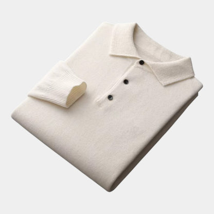 Men’s Polo Sweater With Natural-Fiber Blend Collar and Button Fastening