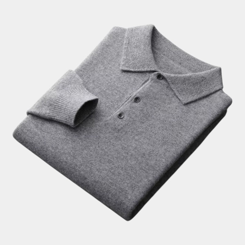 Men’s Polo Sweater With Natural-Fiber Blend Collar and Button Fastening