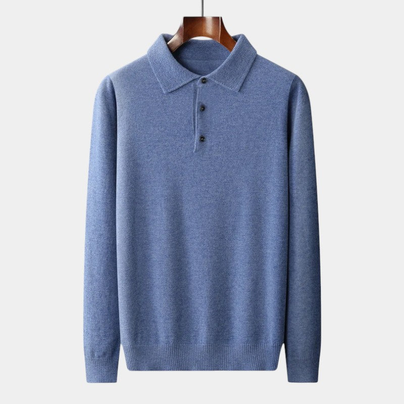 Men’s Polo Sweater With Natural-Fiber Blend Collar and Button Fastening