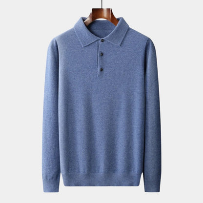 Men’s Polo Sweater With Natural-Fiber Blend Collar and Button Fastening