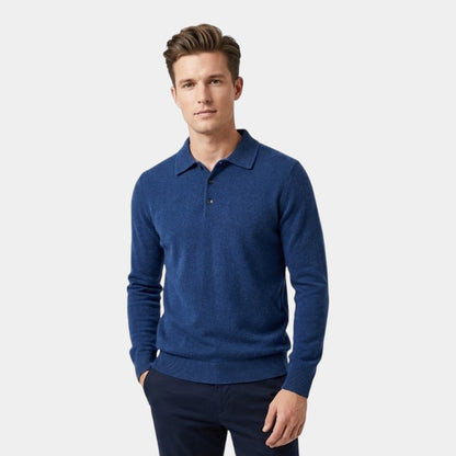Men’s Polo Sweater With Natural-Fiber Blend Collar and Button Fastening
