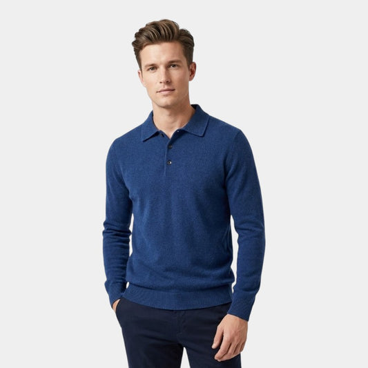 Men’s Polo Sweater With Natural-Fiber Blend Collar and Button Fastening