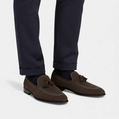 Men’s Suede Tassel Loafers With Contrast Stitching