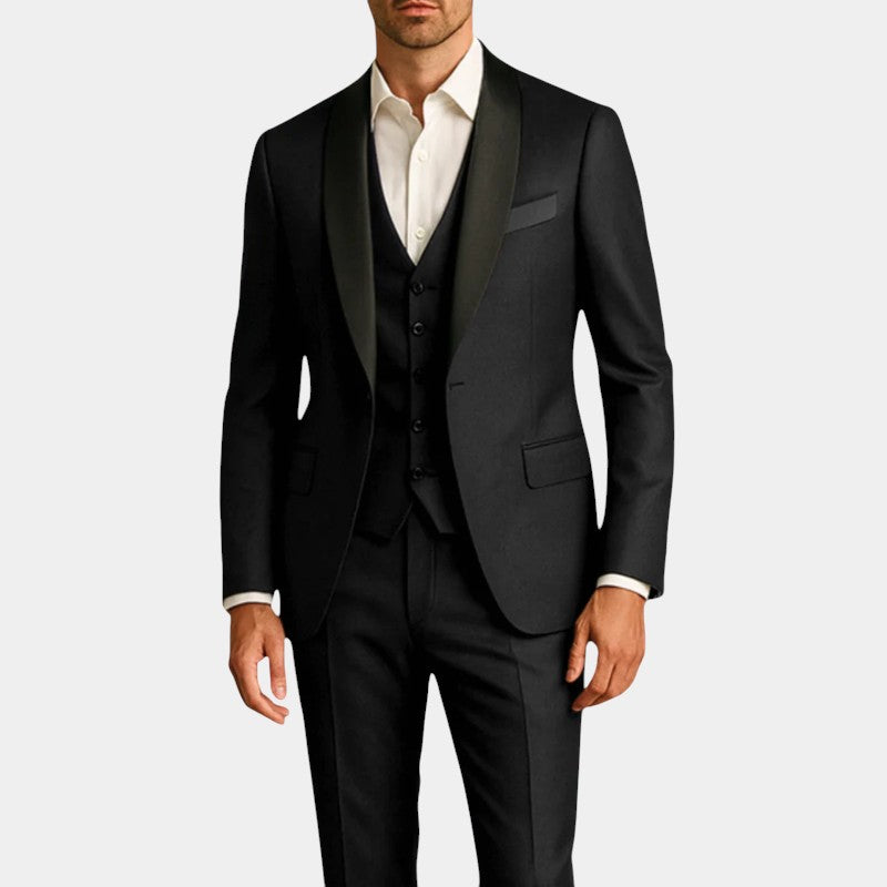 Men’s Tuxedo Three Piece Suit With Contrast Lapel